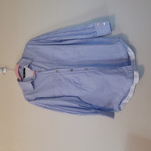 Zara Blue White Stripe Top 3/4 Sleeve With Gold Oversized Button Down Size XS - Picture 9 of 17